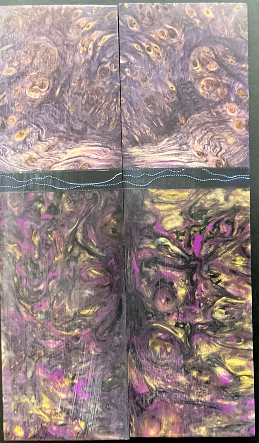 Purple Composite with Yellow Cedar Burl Bolsters and Raffir Spacers with Black G10 Liner