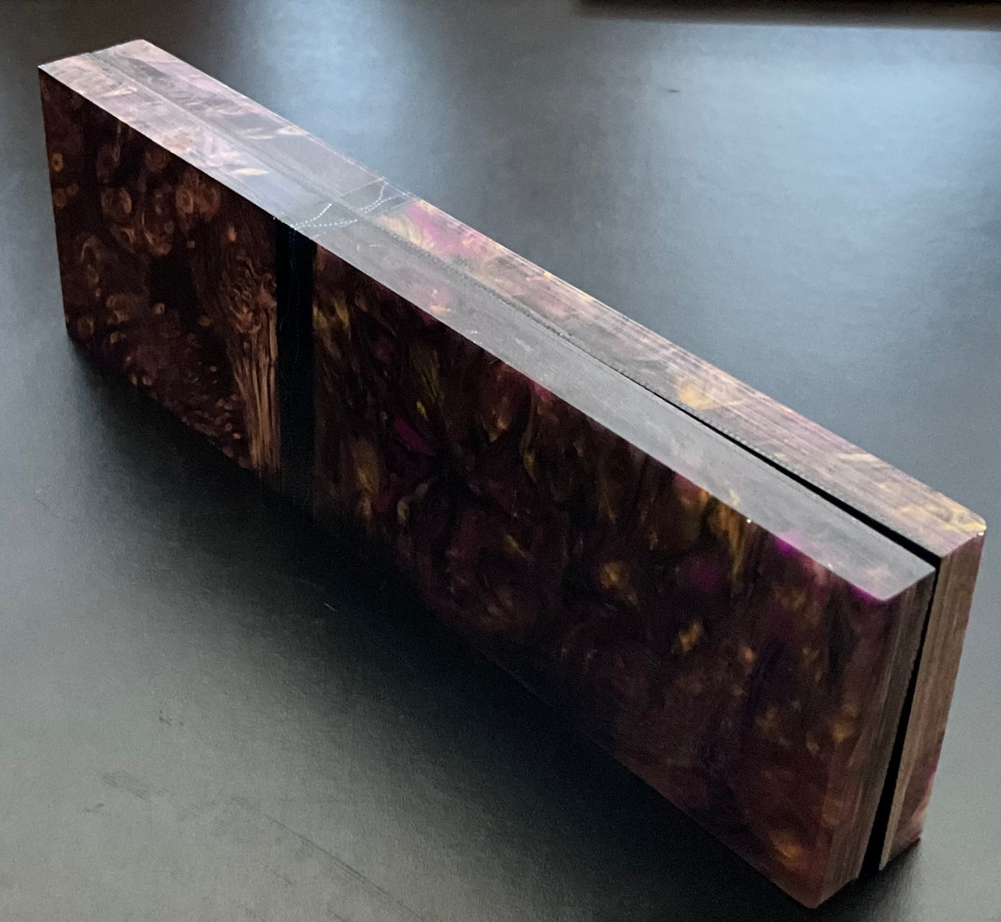 Purple Composite with Yellow Cedar Burl Bolsters and Raffir Spacers with Black G10 Liner