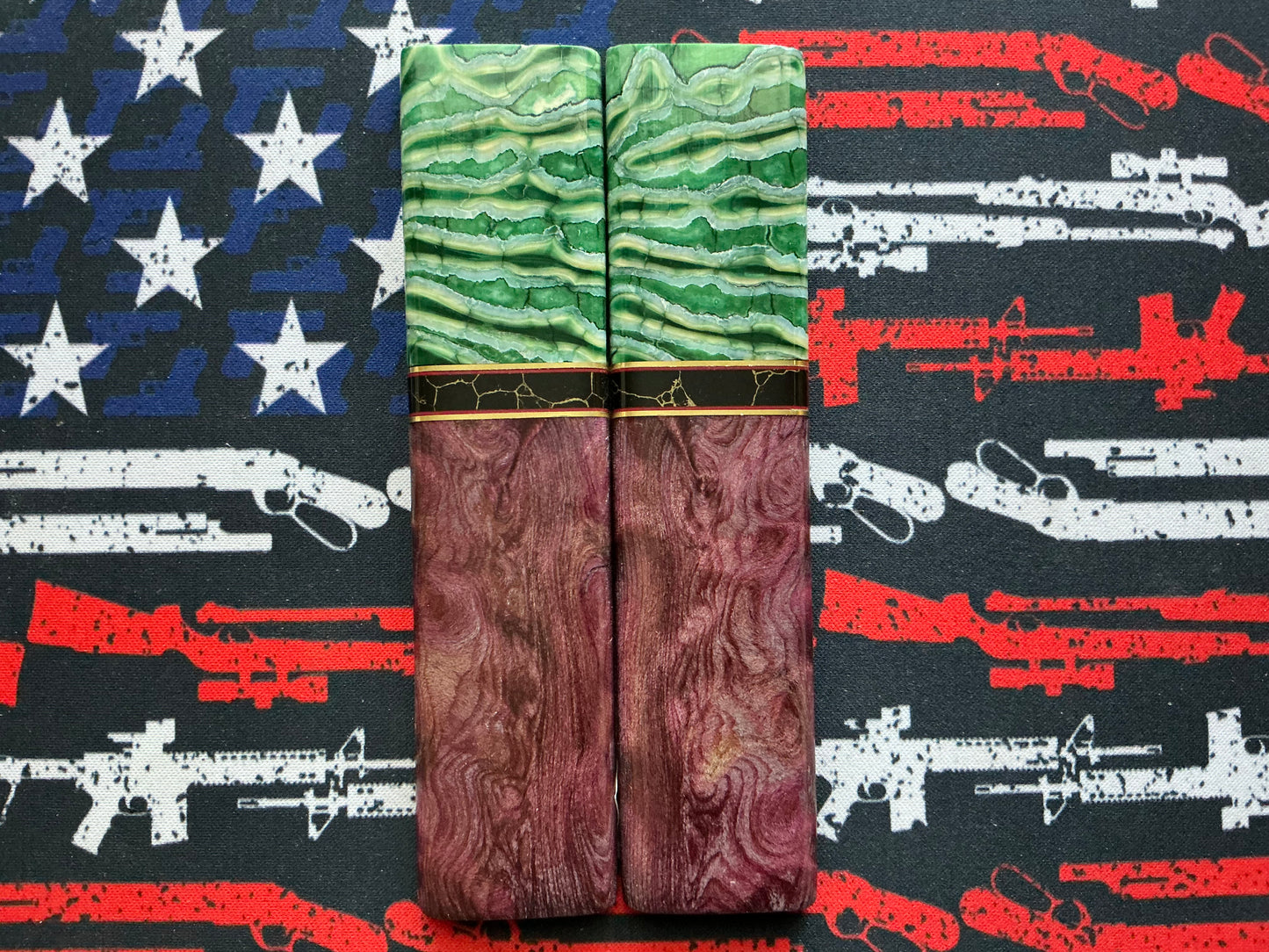 K&G Burl with Green Mammoth Tooth Bolsters - Trustone/G10/Brass Spacers - Black Liner