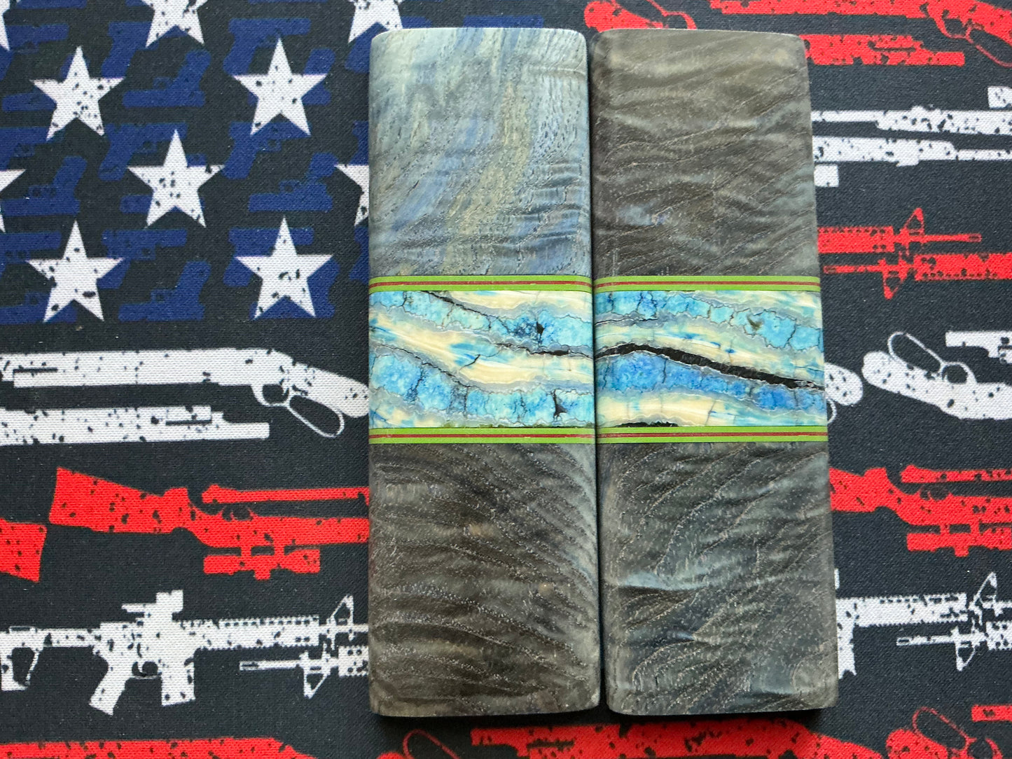 Black Ash Burl with Blue Mammoth Tooth - G10 Accents and Green Liner