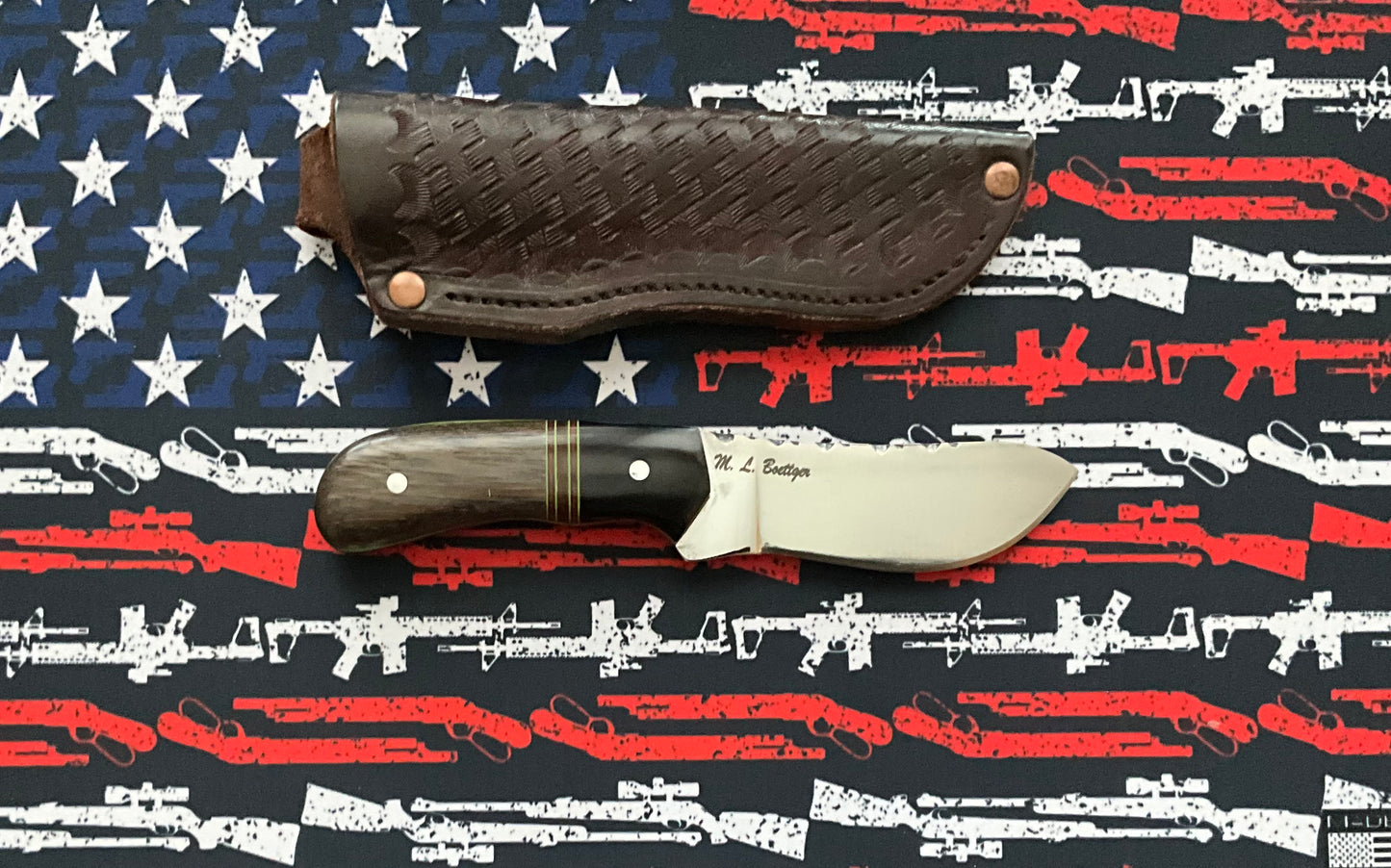 Bull Nose Skinning Knife with Paper Micarta Bolster, Black Limba, Rag Micarta & G10 Spacers