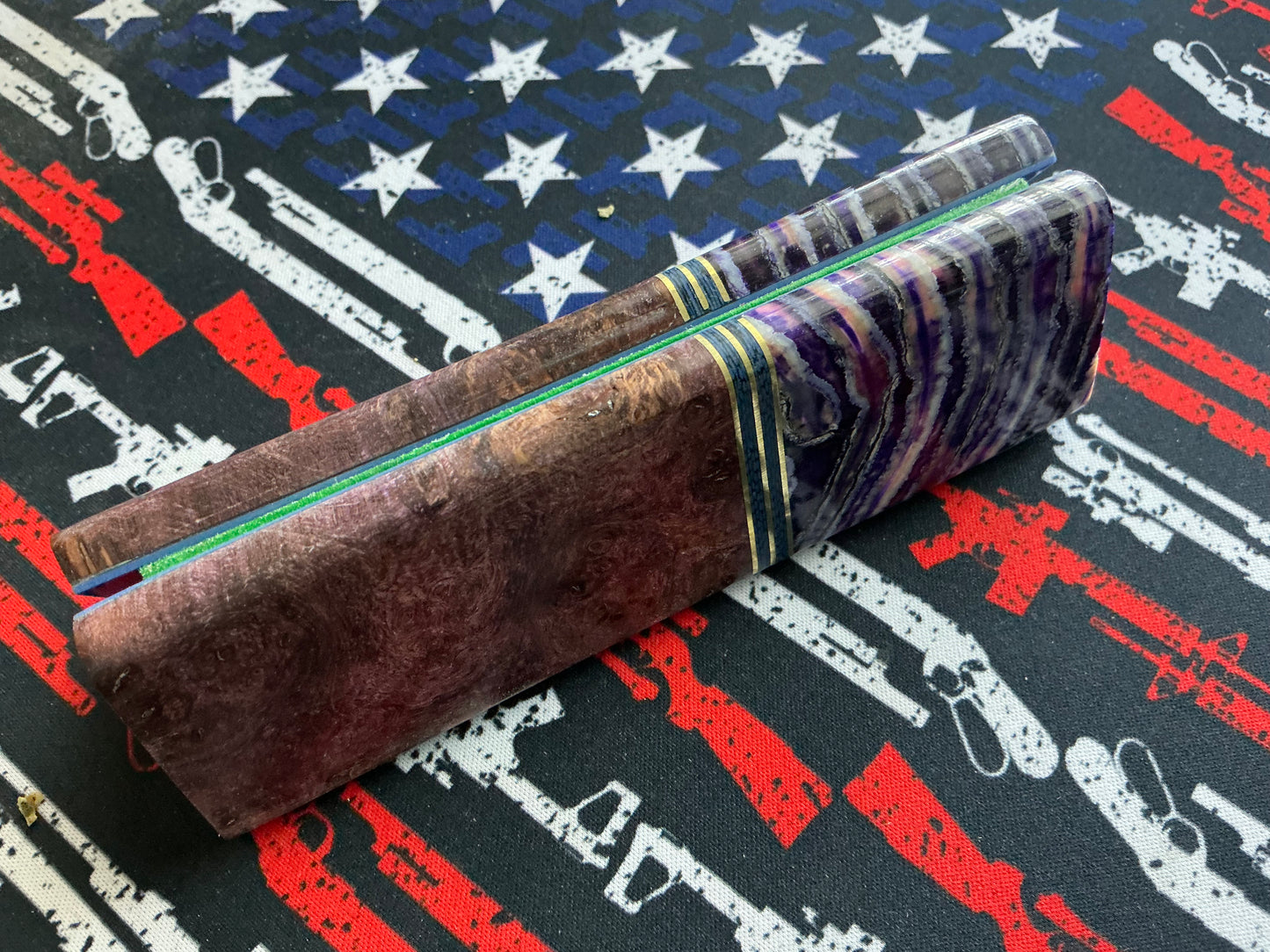 Maple Burl with Mammoth Tooth Bolsters - Brass/Carbon Fiber Spacers - Blue Liners