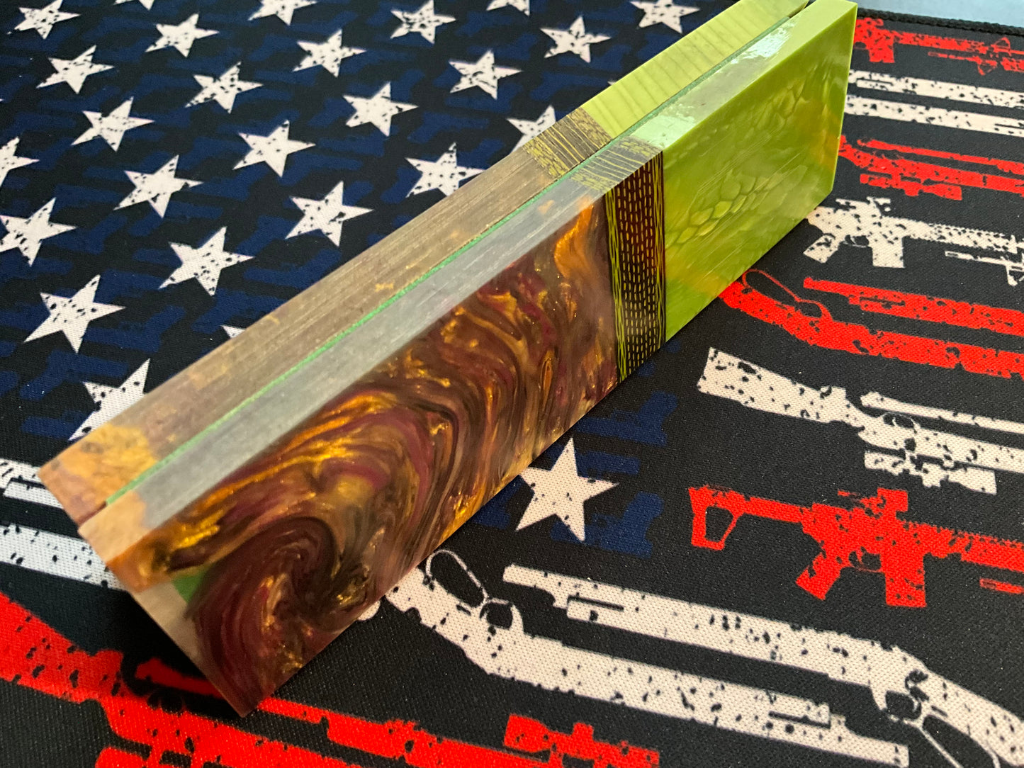 Purple and Gold Resin with Green Juma Bolster, Carbon Fiber Spacers