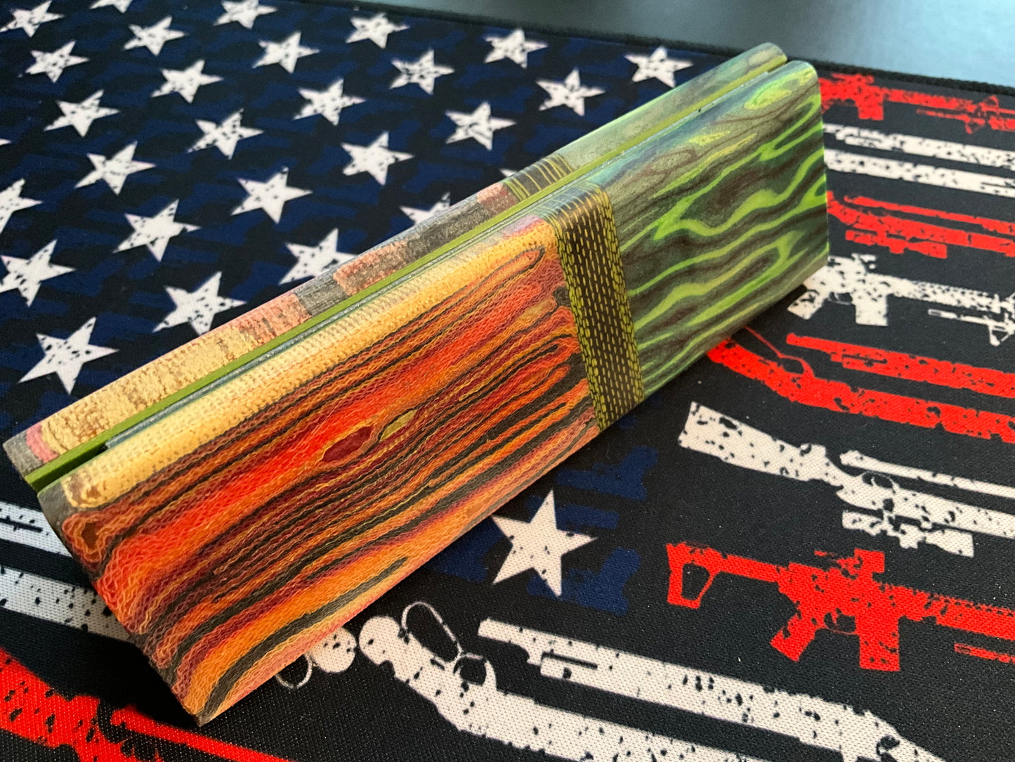 Colorful Micarta with Crazy Fiber Bolsters, Carbon Fiber Accents, and Green G10 Spacers