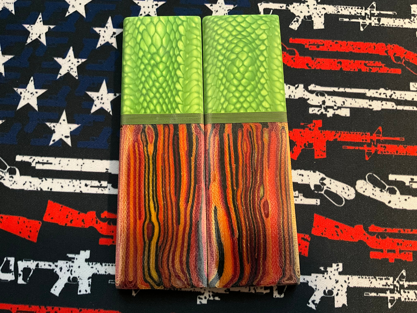 Colorful Micarta with Green Juma Bolster, G10 Spacers, Green G10 Liners