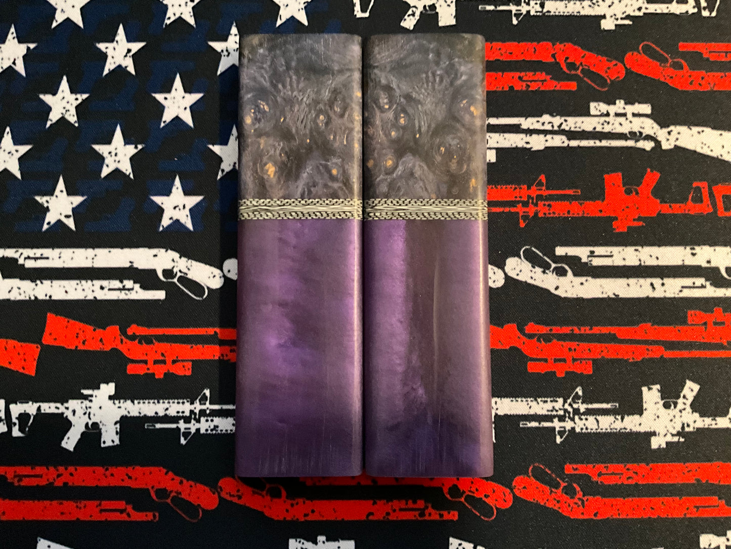 Purple Resin with Dyed Yellow Cedar Burl Bolsters, Carbon Fiber Spacers, and White G10 liners