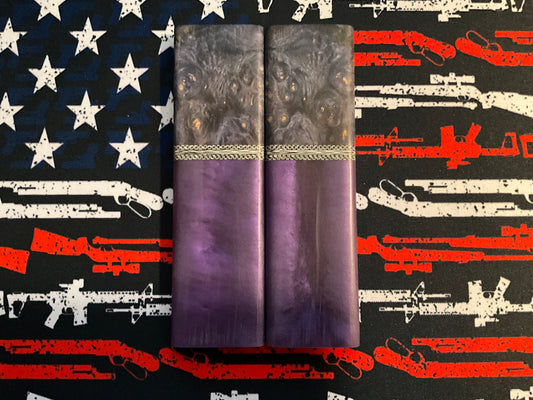 Purple Resin with Dyed Yellow Cedar Burl Bolsters, Carbon Fiber Spacers, and White G10 liners