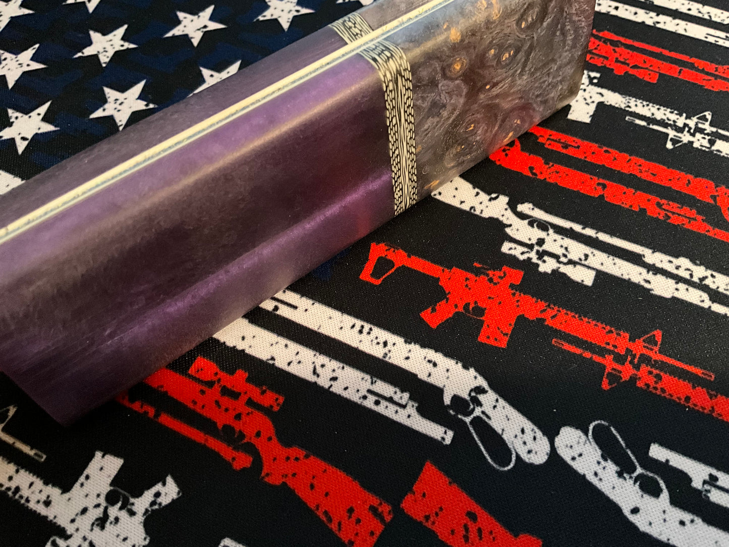 Purple Resin with Dyed Yellow Cedar Burl Bolsters, Carbon Fiber Spacers, and White G10 liners