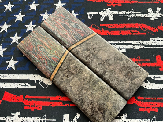 Maple Burl with Crazy Fiber and Westinghouse Micarta Accents with Blue G10 Liners - K&G Stablized