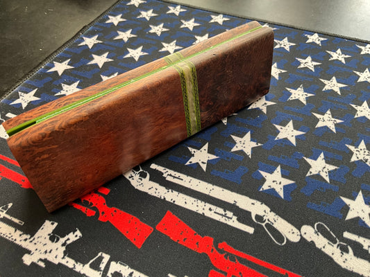 Sheoak with Honduran Rosewood Bolsters and Muskox and Carbon Fiber Accents with Green G10 liner