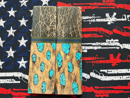 Cholla Cactus with Turquoise Inlay and Prickly Pear Bolsters.  Carbon Fiber Spacers and Blue G10 Liners