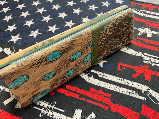 Cholla Cactus with Turquoise Inlay and Prickly Pear Bolsters.  Carbon Fiber Spacers and Blue G10 Liners (Copy)