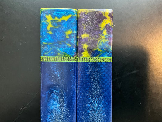 Blue Juma with Resin Bolsters, Carbon Fiber Spacers, and Green G10 Liners