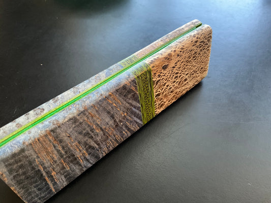 Black Ash Burl (Blue) with Prickly Pear Bolsters and Carbon Fiber Accents