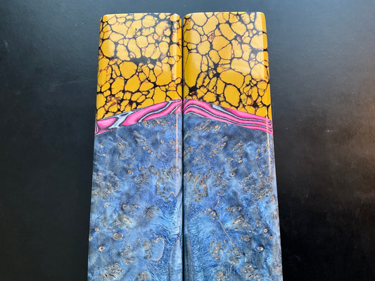 Black Ash Burl with Yellow Dino Bolsters and Crazy Fiber Spacers - Blue G10 Liner