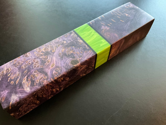 Black Ash Burl with G10 and Green Juma Spacer - Block - Hidden Tang