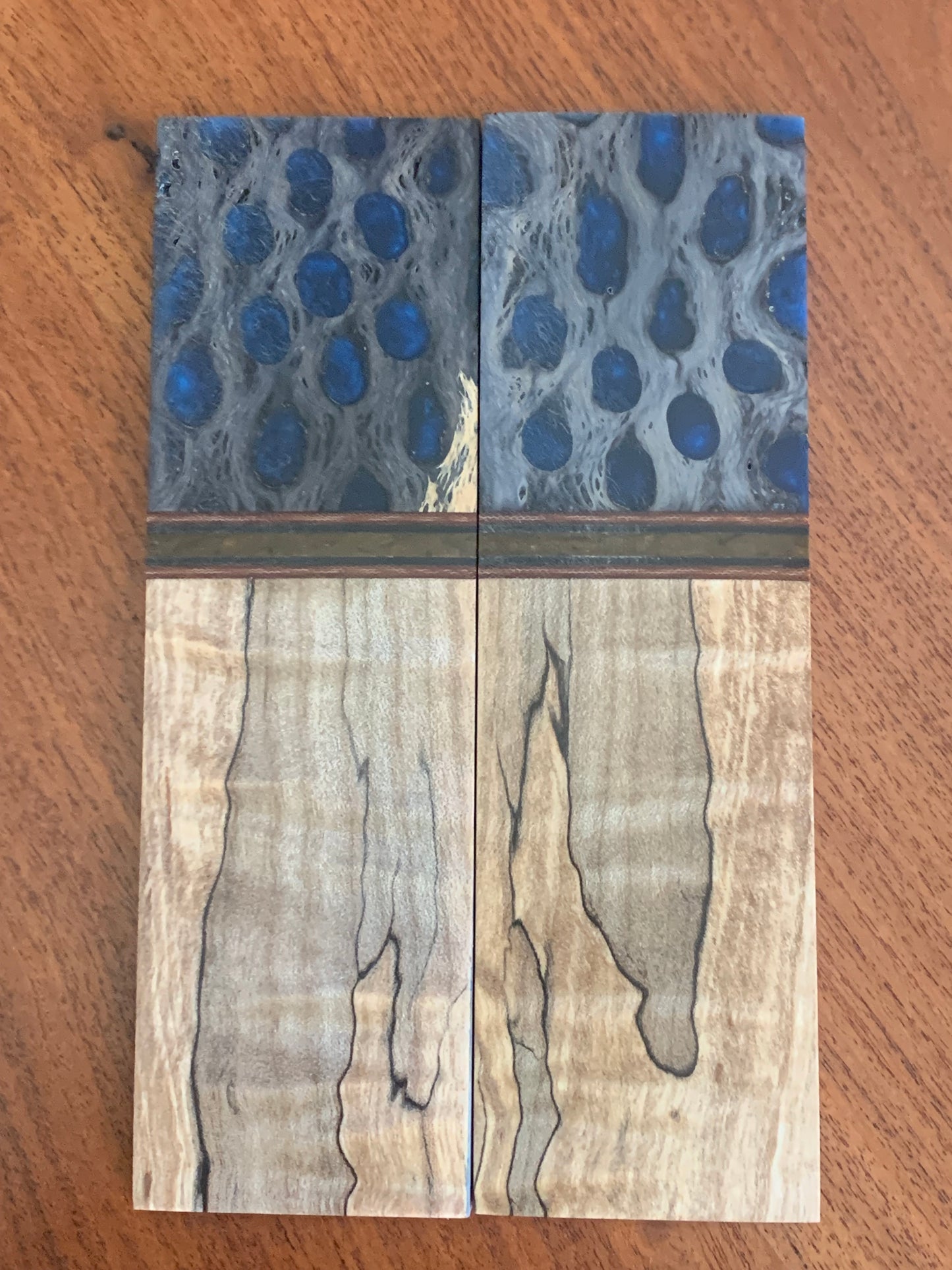 Curly Spalted Maple with Black Cholla Cactus Bolsters and Micarta Spacers