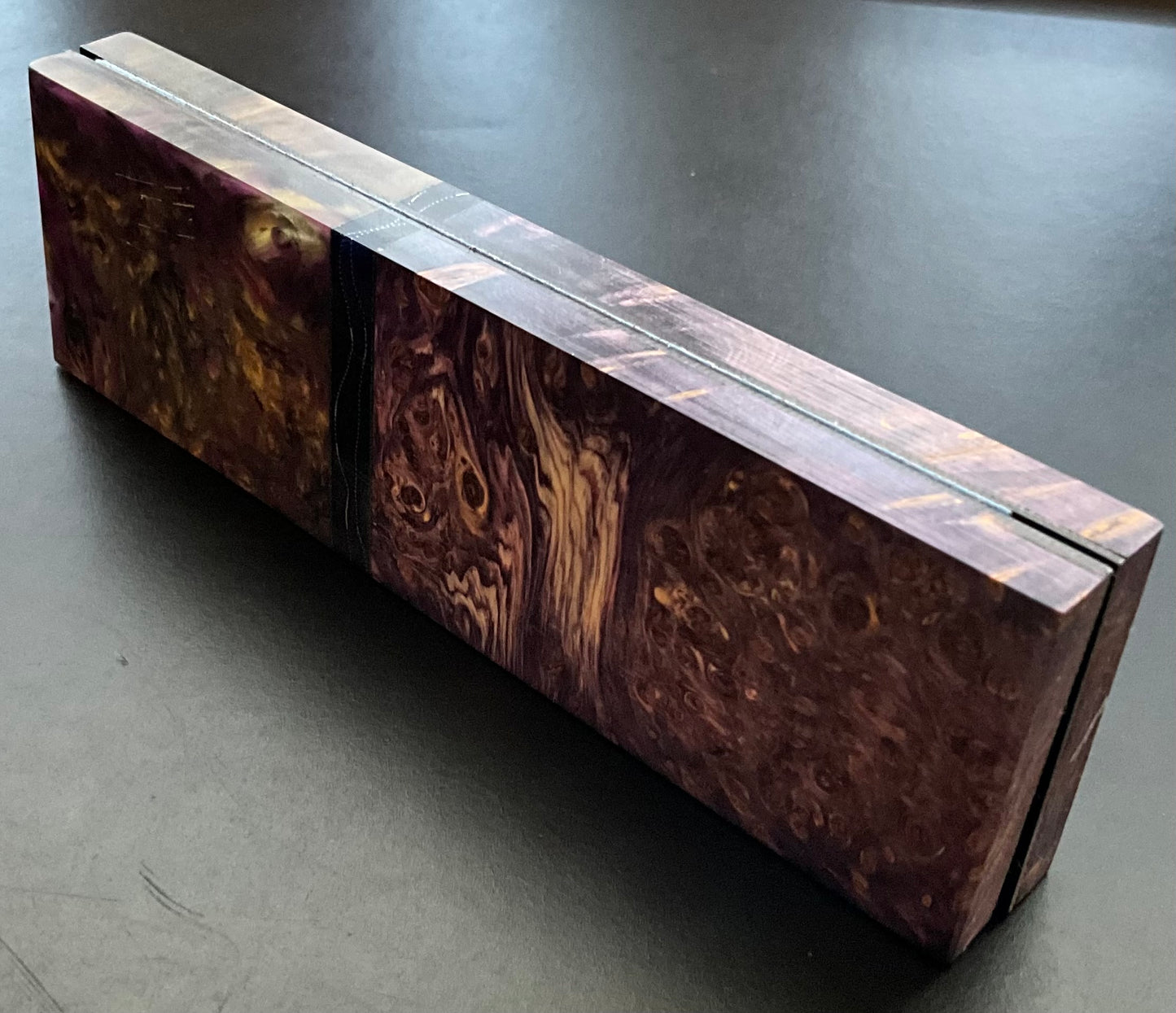 Yellow Cedar Burl with Purple Composite Bolsters, Raffir Spacers, and Black G10 Liner