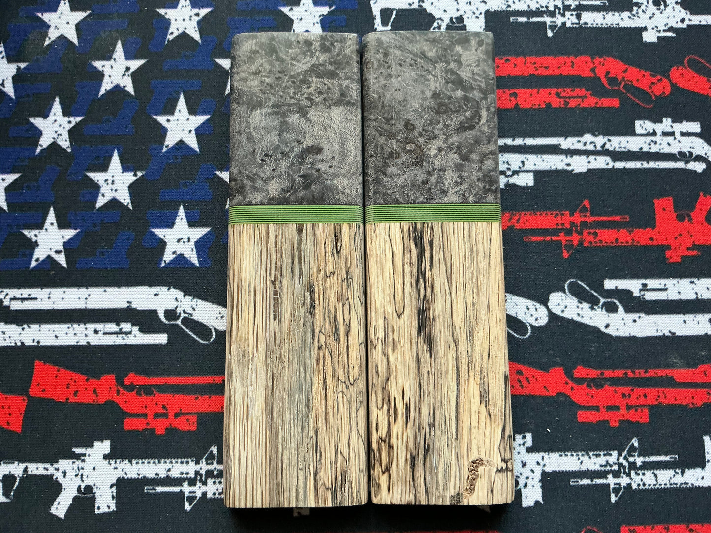 Texas Spalted Elm with Dyed Redwood Burl Bolsters and G10 spacers - Green Liner