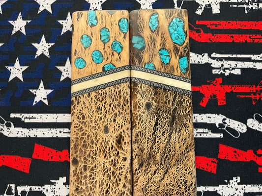 Prickly Pear Cactus with Turquoise Inlayed Cholla Cactus - Moose and Carbon Fiber Accents and Black G10 Liners