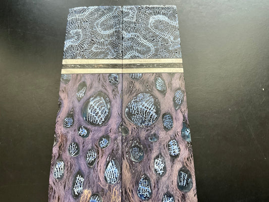 K&G Stabilzed Purple Cholla with Brain Coral inlay and Bolster.  Moose spacers and Blue Liners