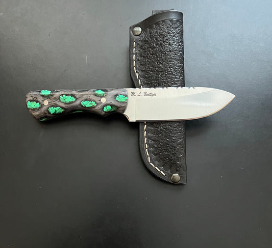 Drop Point Knife with K&G Stabilized Dyed Black Cholla and Green Turquoise Handle